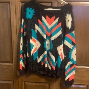 NWOT 36 Point 5 Fuzzy Sweater with Pink, White and Teal Pattern
